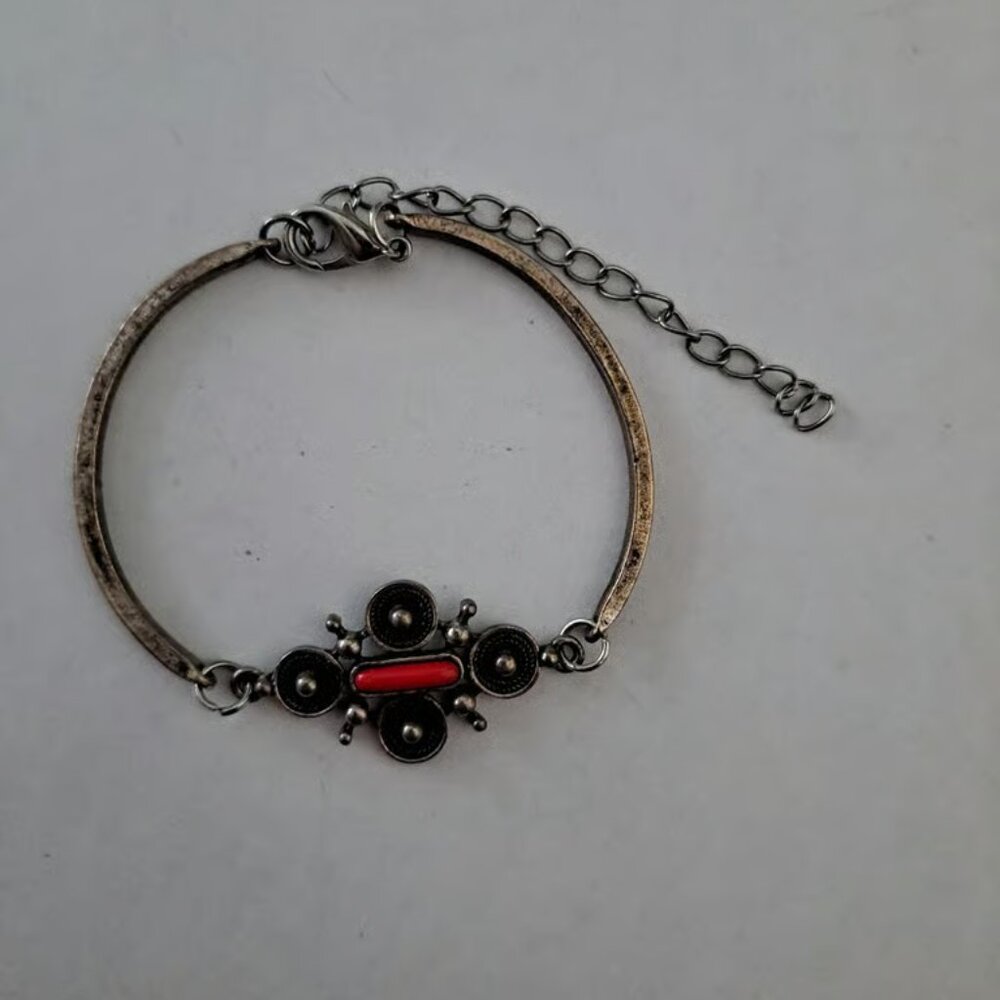 Silver Bracelet With Red Coral Stone Lobster Claw Clasp